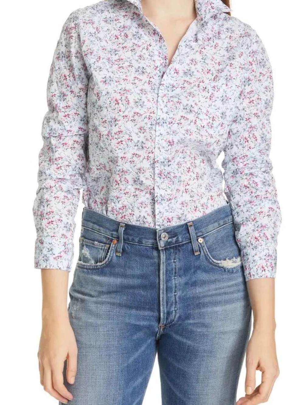 Frank & Eileen White Floral Button-Down Shirt with Pink and Blue Blooms